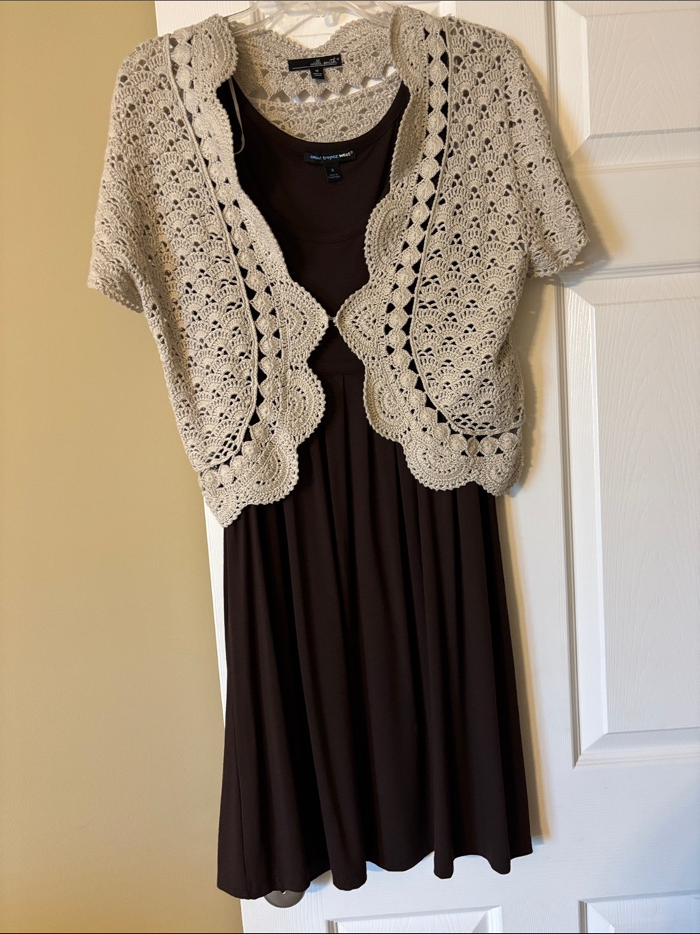 Saint Tropez West Brown Midi Dress with Cream Crochet Bolero